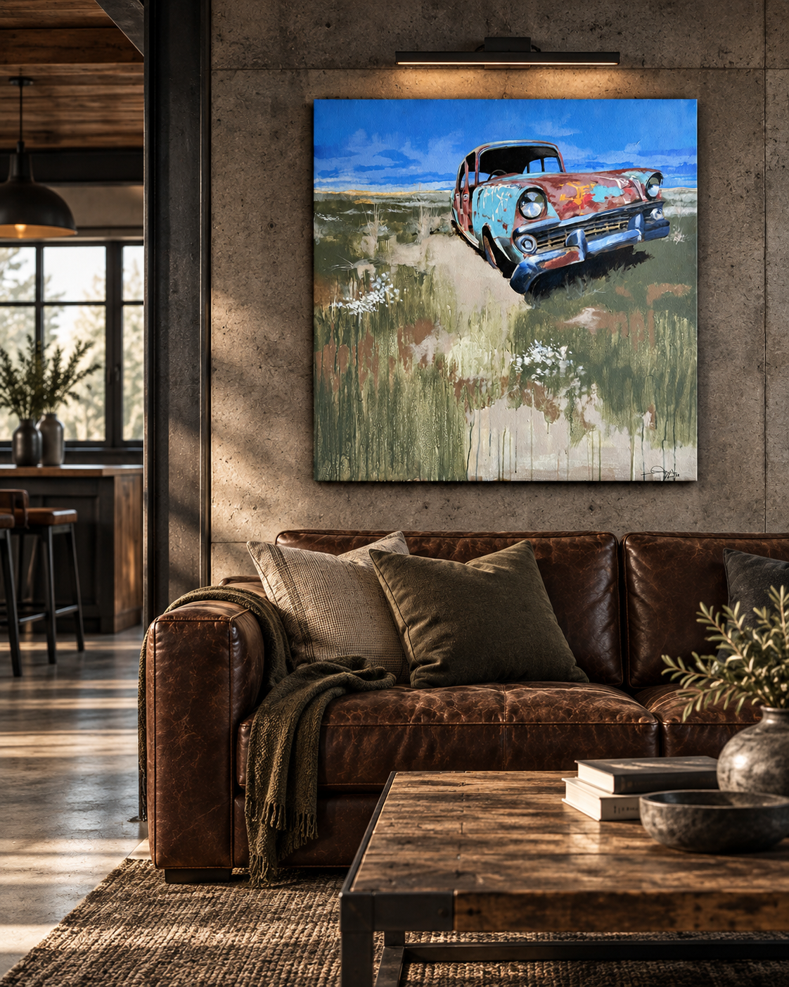 Hot Rod 001 in a contemporary industrial living room with concrete walls, timber and leather furnishing; room mockup illustrative
