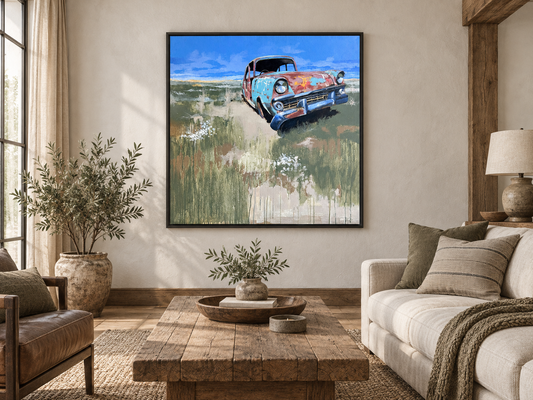 Hot Rod 001 — original painting by Andrew Hunt shown in approved interior mockup; room scale approximate