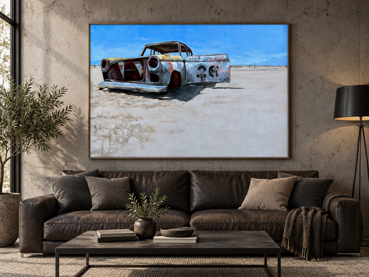 Hot Rod 002 — original painting by Andrew Hunt shown in approved interior mockup; room scale approximate