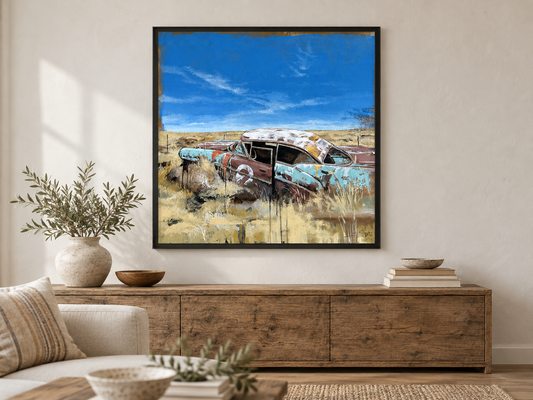 Hot Rod 003 by Andrew Hunt — original painting in styled interior mockup, room scale approximate