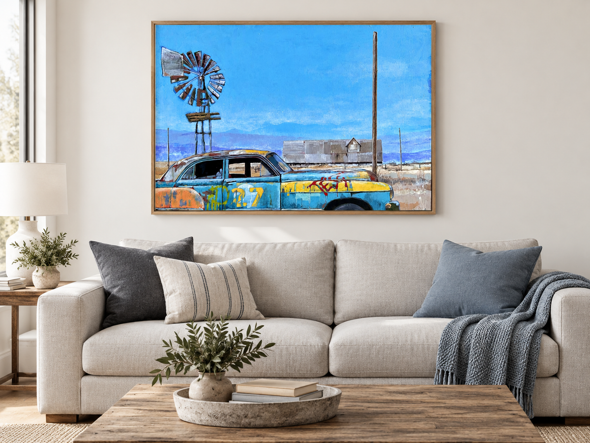 Hot Rod 004 by Andrew Hunt — original painting in styled interior mockup, room scale approximate